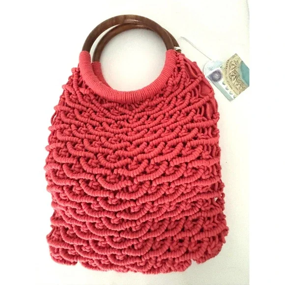 Sigrid Olsen Handcrafted Coral Crochet Tote Wooden Handles Resort Bag Lined NWT - Picture 11 of 16